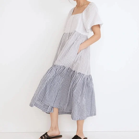 Madewell Patchwork Gingham Button-Front Tiered Midi Dress Size M - Picture 4 of 12